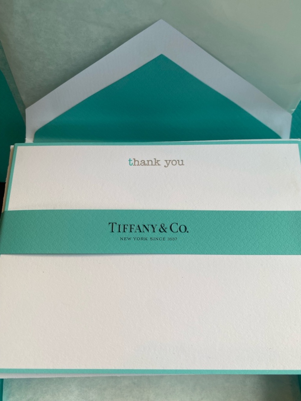 Tiffany & Co. New, set of 8 thank you note cards with matching envelopes in box.